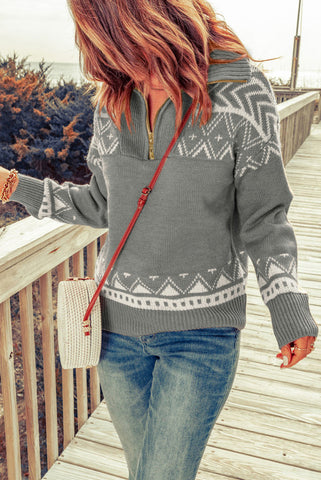 Aztec Zip Up Sweater - Gray