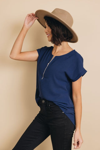 Short Sleeve Zip Up Top - Navy