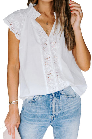 Embroidered Eyelet Cap Sleeve Top - White