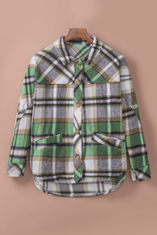 Flannel Plaid Button Up Shacket with Pockets - Green