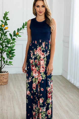 Lace and Floral Maxi Dress - Navy