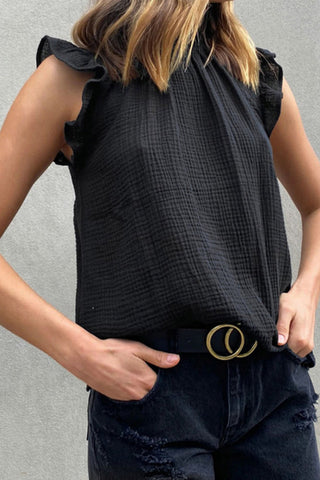 Ruffle Sleeve Mock Neck Top - Black