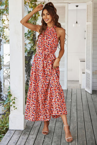 Floral Halter Maxi Dress - Red