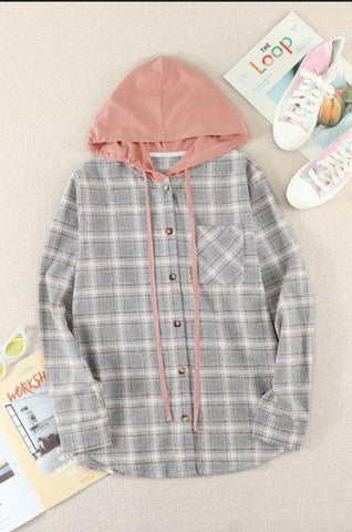 Lightweight Plaid Hooded Top - Light Pink