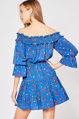 Spring Floral Off Shoulder Dress - Royal