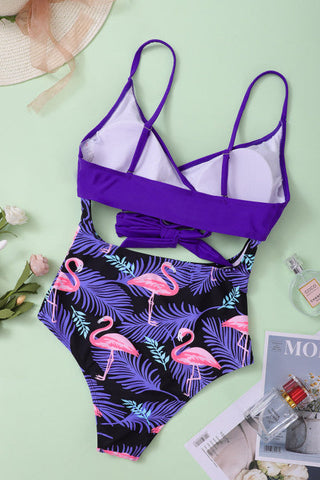 Cross Wrap One Piece Swimsuit - Purple Flamingo