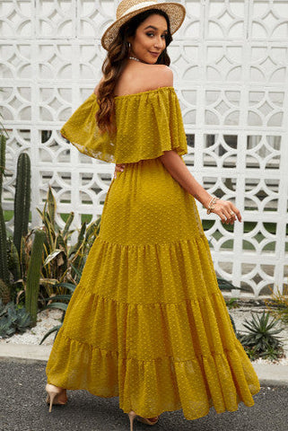 Off Shoulder Swiss Dot Maxi Dress - Yellow