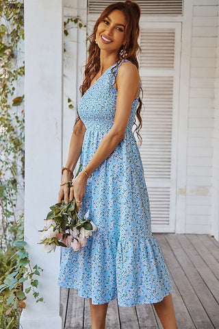 One Shoulder Midi Floral Dress - Blue