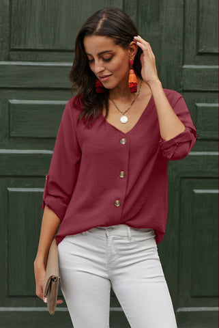 Rolled Sleeve Button Up Blouse - Red