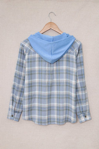 Lightweight Flannel Plaid Hooded Top - Blue