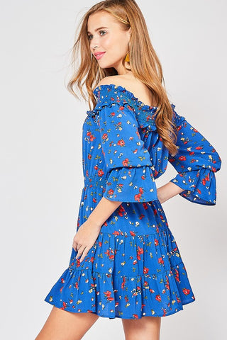 Spring Floral Off Shoulder Dress - Royal