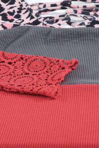 Criss Cross Leopard Crochet Sleeve Top - Red