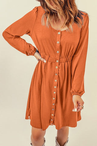 Button Up Long Sleeve Dress - Orange