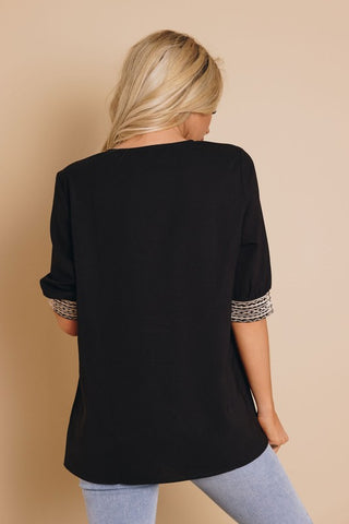 Embroidered V-Neck Top - Black