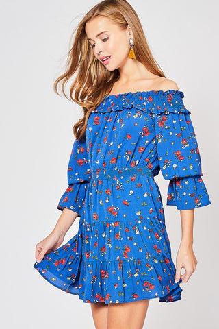 Spring Floral Off Shoulder Dress - Royal