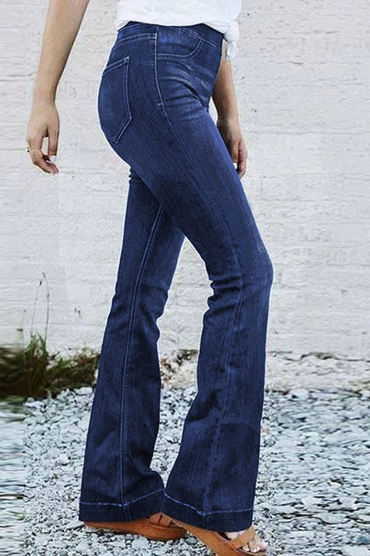 Elastic Waist Flare Jeans Dark Blue Chic Boutique