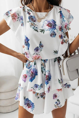 Floral Print Ruffle Dress - Blue Floral