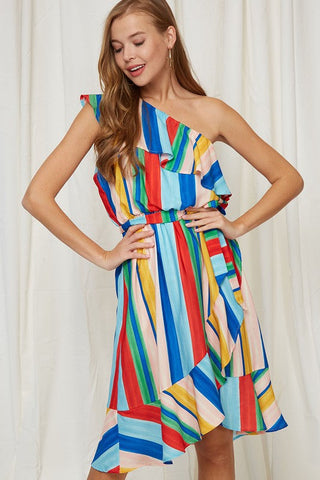 Rainbow Stripes One Shoulder Dress