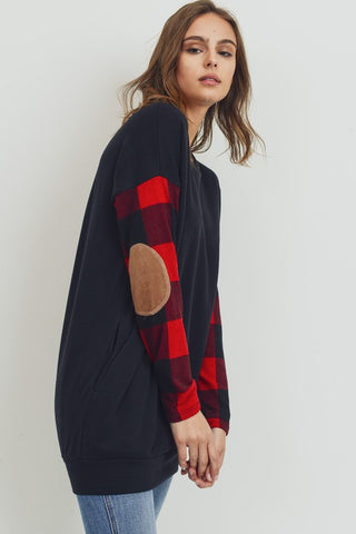 Elbow Patch Buffalo Plaid Tunic Top - Black