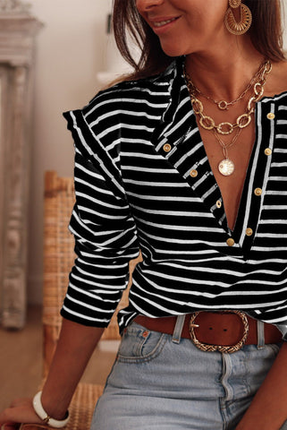 Striped Button Up Top - Black