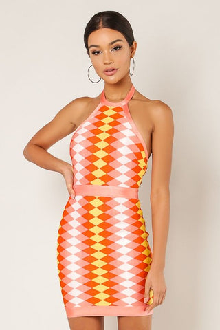 Halter Geometric Print Dress - Orange
