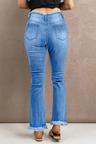 Rough Hem Flair Jeans - Light Blue