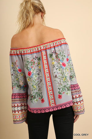 Boho Off Shoulder Floral Top - Grey