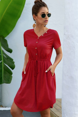 Casual Button Up Dress - Red
