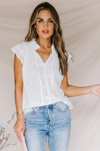 Embroidered Eyelet Cap Sleeve Top - White