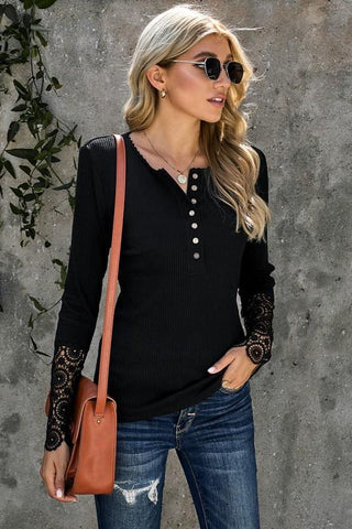 Crochet Sleeve Henley Top - Black