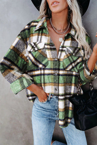 Flannel Plaid Shacket with Pockets - Green
