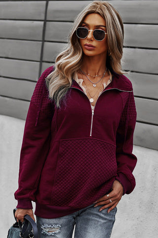 Quilted Zip Up Pullover - Burgundy