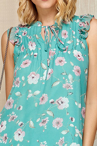 Floral Print Chiffon Top - Aqua