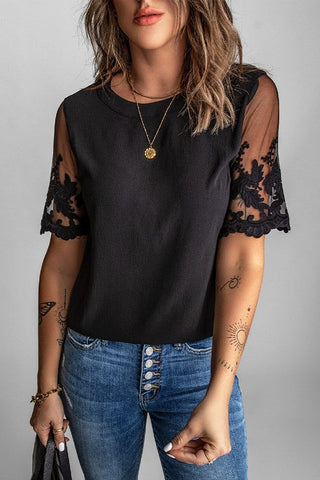 Lace Sleeve Short Sleeve Top - Black