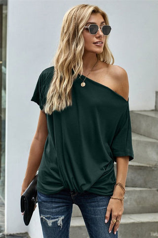 Short Sleeve Off Shoulder Knotted Top - Green