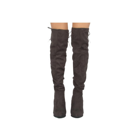 Over the Knee Lace Up Boots with Heel - Charcoal