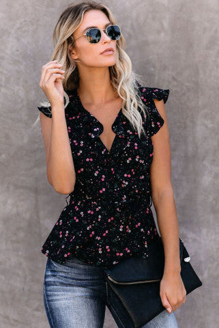 Tiny Flowers Belted Top - Black