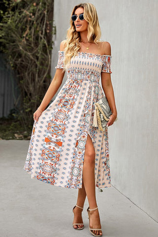 Boho Style Off Shoulder Dress - Beige