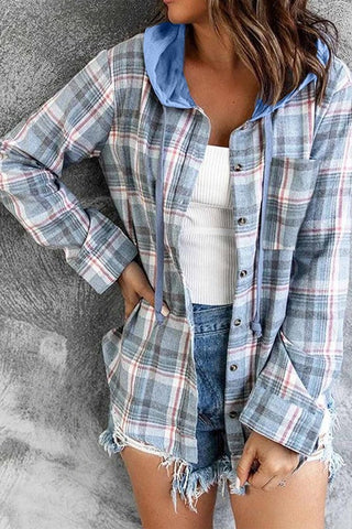 Lightweight Flannel Plaid Hooded Top - Blue