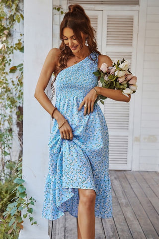 One Shoulder Midi Floral Dress - Blue