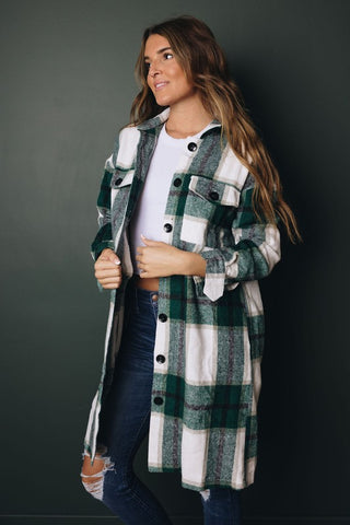 Shirt Collar Plaid Jacket - Green