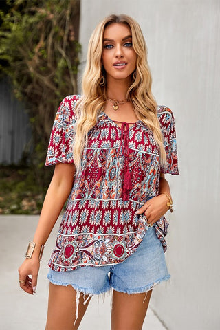 Drawstring Boho Style Summer Top - Wine