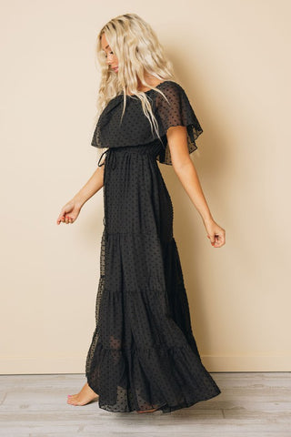 Off Shoulder Swiss Dot Maxi Dress - Black