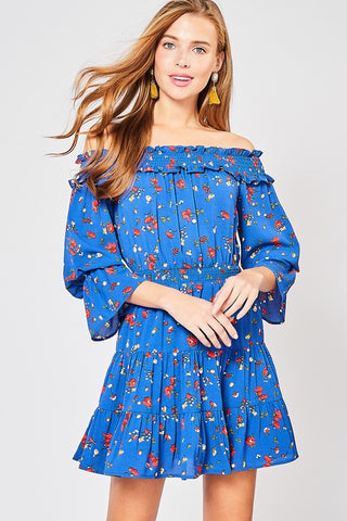 Spring Floral Off Shoulder Dress - Royal