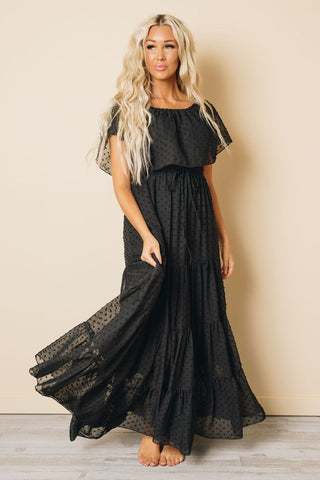 Off Shoulder Swiss Dot Maxi Dress - Black