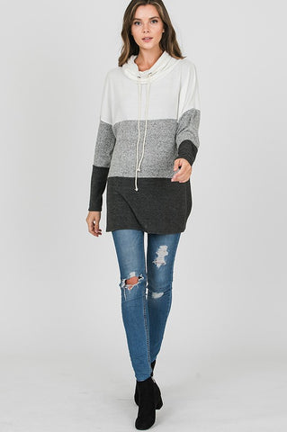 Cozy Cowl Neck Color Block Top - White and Charcoal