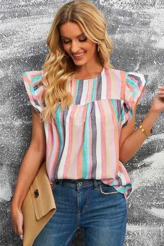 Linen Colorful Striped Ruffle Sleeve Top - Pastel