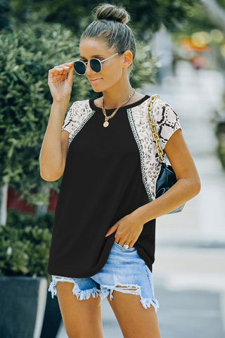 Leopard and Snakeskin Print Short Sleeve Top - White
