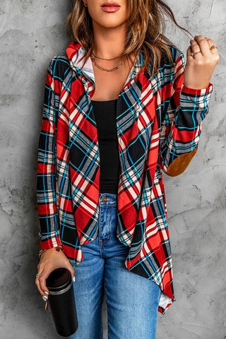 Plaid Hooded Cardigan with Elbow Patches