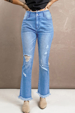 Rough Hem Flair Jeans - Light Blue